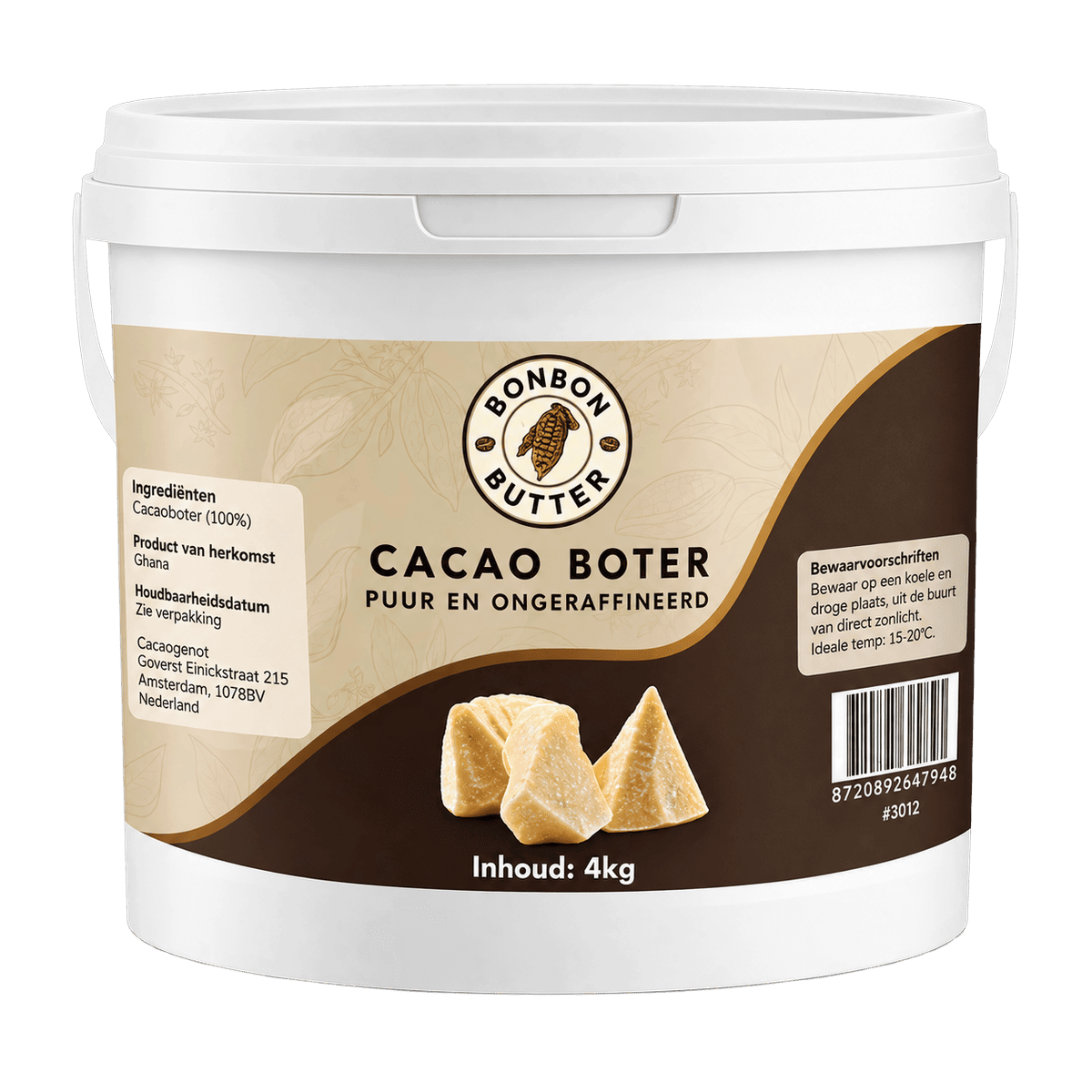 100% Pure Cacaoboter (Ongeraffineerd) in een wit emmer met bruin-beige etiket van bonbonbutter, naast cacaoboterblokjes