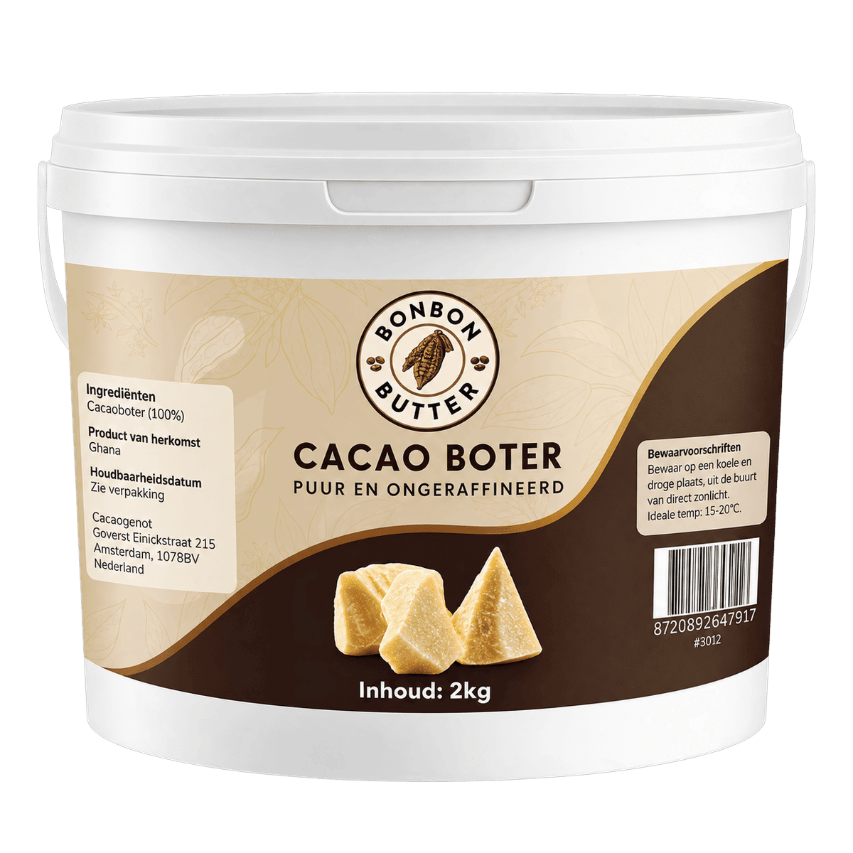 100% Pure Cacaoboter (Ongeraffineerd) in een wit emmer met beige en bruin etiket