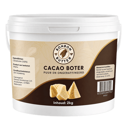 100% Pure Cacaoboter (Ongeraffineerd) in een wit emmer met beige en bruin etiket