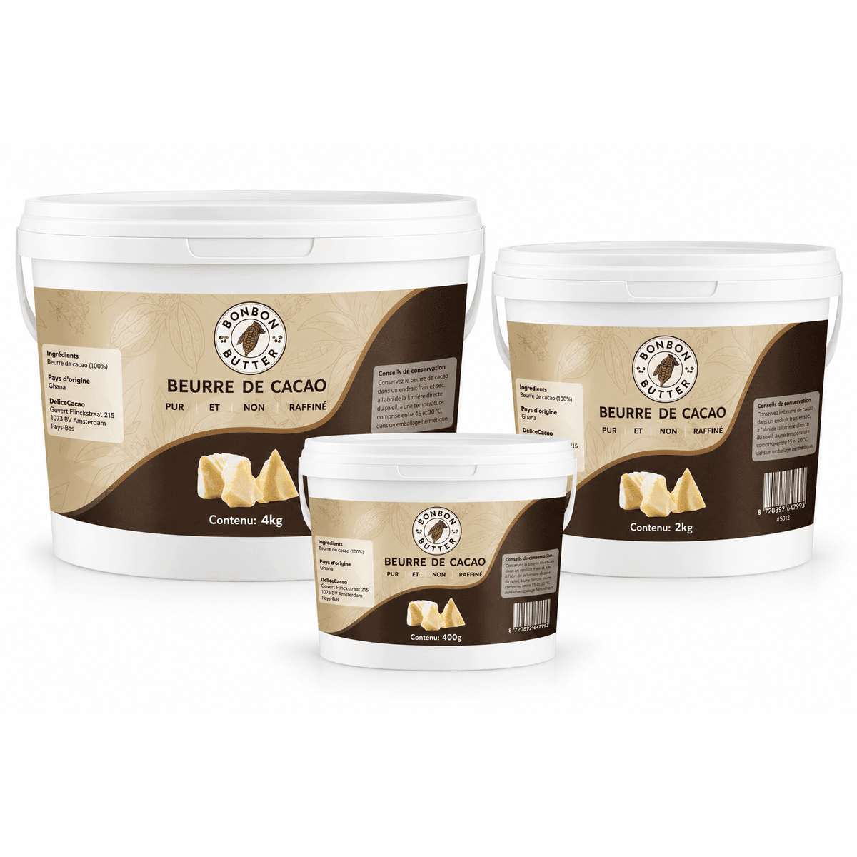 Beurre de Cacao 100 % Pur (Non Raffiné) en seaux blancs de 400 g, 2 kg et 4 kg, avec étiquette beige et marron