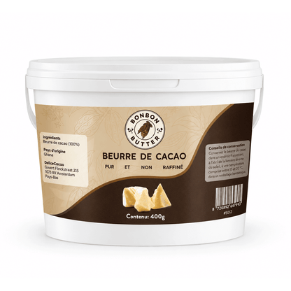 Beurre de Cacao 100 % Pur (Non Raffiné) en seau blanc de 400 g