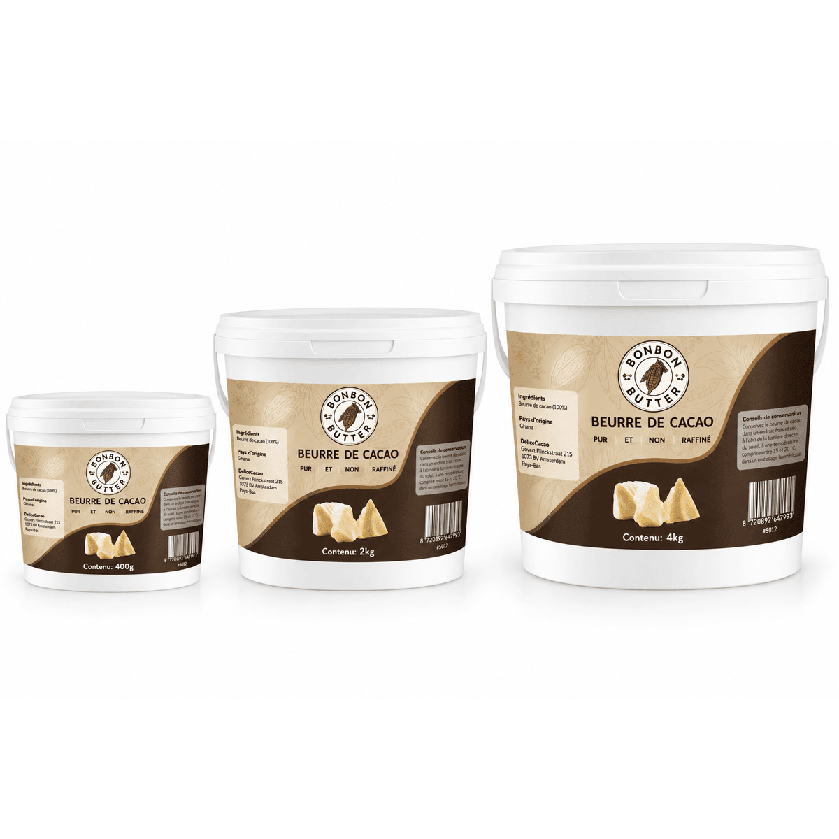 Beurre de Cacao 100 % Pur (Non Raffiné) en trois seaux blancs de 400 g, 2 kg et 4 kg, étiquette beige et marron