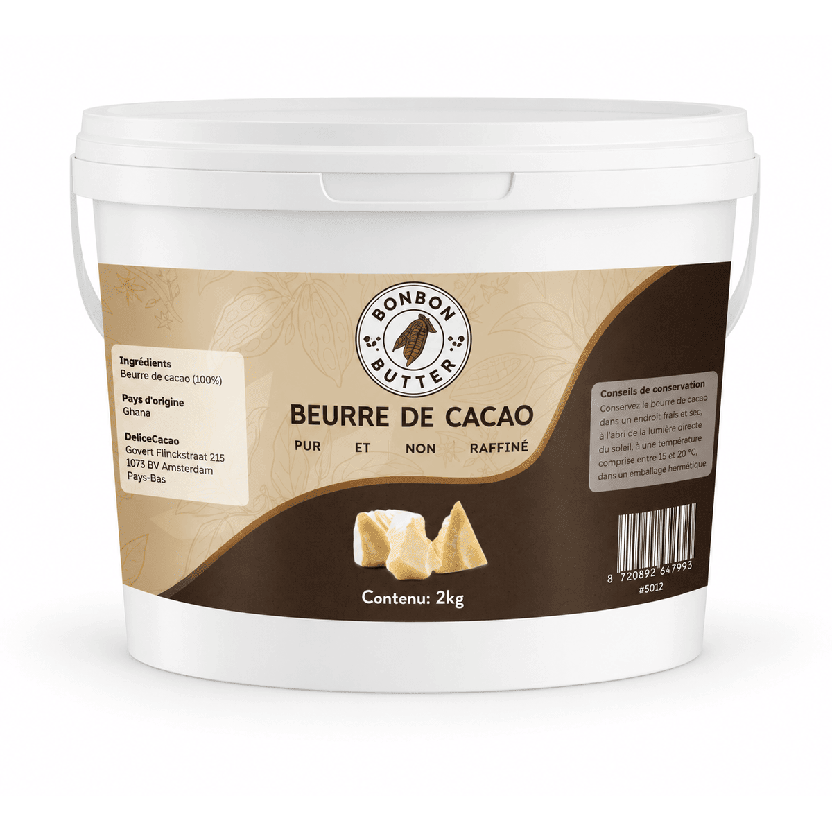 Beurre de Cacao 100 % Pur (Non Raffiné) en seau blanc de 2 kg, avec étiquette beige et marron et morceaux jaune pâle